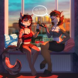 2girls clothed clothing drunk drunk_bubbles female female_only furry molligirl tagme wine