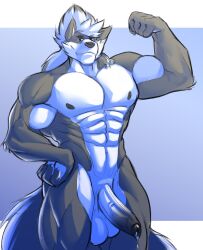 1boy abs absurd_res anthro balls ballsack biceps body_fur canid canine canis dangling_testicles erection flexing flexing_bicep fluffy fluffy_tail foreskin genitals grey_fur hi_res humanoid_penis hyponova intact leaking leaking_precum looking_at_viewer low_hanging_balls male male_nipples male_only mammal masculine muscles muscular_anthro muscular_male muscular_thighs nude_male obliques partially_retracted_foreskin pecs penis precum scrotum smile smirk solo testicles uncut veiny_penis white_countershading white_hair wolf