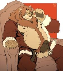 anthro balls basch belt body_hair chair clothing costume erection eyewear felid furniture genitals glasses happy_trail hi_res lion looking_at_viewer male male_only mammal mane nipples pantherine penis pubes santa_costume sitting slightly_chubby solo