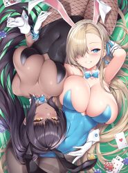 2girls alternate_version_available asuna_(blue_archive) asuna_(bunny)_(blue_archive) beauty_mark black_hair blonde_hair blue_archive blue_eyes breasts brown_skin bunny_ears bunny_girl bunnysuit chocolate_and_vanilla cleavage dark-skinned_female dark_skin female female_only fishnets halo hi_res highleg_leotard hips huge_breasts ivenglynn karin_(blue_archive) karin_(bunny)_(blue_archive) leotard light-skinned_female light_skin long_hair looking_at_viewer lying_on_back mole_on_breast ponytail slim_waist smile thick_thighs thighs tights wide_hips yellow_eyes