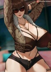 1girls alternate_breast_size anna_williams armpits batako big_breasts big_thighs blue_eyes blush breasts breasts_bigger_than_head brown-tinted_eyewear busty cleavage female female_only fur_trim gigantic_breasts hands_behind_head huge_breasts huge_thighs large_breasts large_thighs short_hair showing_armpits solo solo_female sunglasses tekken thick_thighs thighs tinted_eyewear voluptuous