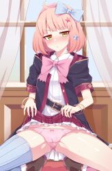 blue_ribbon blue_socks blush chieru_(princess_connect!) hair_ornament hair_ribbon knee_socks kneehighs kneesocks legs_held_open legs_spread looking_at_viewer pink_hair pink_socks pink_underwear princess_connect! princess_connect!_re:dive rugatsuki school_uniform schoolgirl schoolgirl_uniform shoes skirt skirt_lift skirt_up socks thigh_socks thighhighs thighs underwear yellow_eyes