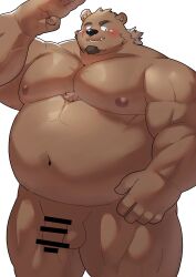 2022 absurd_res anthro balls belly big_belly blush brown_body censored flaccid genitals hi_res humanoid_genitalia humanoid_hands humanoid_penis kemono male mammal moobs navel nipples overweight overweight_male penis simple_background solo ursid yuuuki_desu