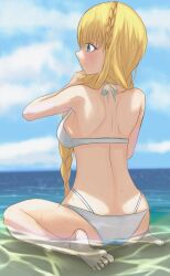 1girls adjusting_hair barefoot beach bikini blonde_hair blue_eyes blush clouds feet female female_only isla_coleman_(vtuber) light-skinned_female ocean production_kawaii sky slight_blush solo solphel1_(ソルフィエル) virtual_youtuber water