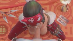 1boy 1girls 3d asian bewyx blizzard_entertainment blowjob breasts fellatio female genji green_hair hands-free hands_behind_back head_tilt imminent_deepthroat japanese kiriko_(overwatch) kneeling male male/female ninja oral overwatch overwatch_2 ponytail pov red_lipstick squatting