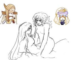 2girls areolae black_and_white blonde_hair blush breasts cookie_run cookie_run_kingdom duo eyelashes female female_only financier_cookie hand_on_face intimate lesbian long_hair medium_hair monochrome nipples pastry_cookie purple_hair rookspice scissoring sketch wholesome yuri