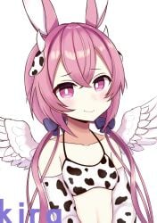 1girls animal_ears blush bunny_ears bunny_girl cow_ears cow_horns cow_print cow_print_bikini cow_print_gloves embarrassed eyebrows_visible_through_hair female female_only gloves horns indie_virtual_youtuber light-skinned_female light_skin looking_at_viewer mikoscrub pink_eyes pink_hair small_breasts solo usagi_kira_(vtuber) virtual_youtuber wings_folded