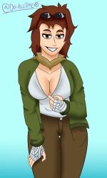 2022 big_breasts brown_hair clothes clothes_pull digital_media_(artwork) doubletime eyes eyeshadow eyewear_on_head female female_focus female_only glasses gloves hand_on_thigh highres jeans looking_at_viewer original original_character scarf seductive seductive_look seductive_smile sharp_teeth solo solo_focus sunglasses sunglasses_on_head thick_eyebrows thick_thighs