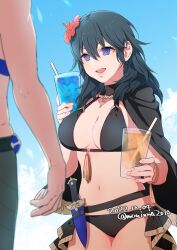 alternate_costume bikini black_bikini black_swimsuit blue_eyes blue_hair byleth_(fire_emblem) byleth_(fire_emblem)_(female) byleth_(summer)_(fire_emblem)_(female) dimitri_alexandre_blaiddyd dimitri_alexandre_blaiddyd_(summer) female fire_emblem fire_emblem:_three_houses fire_emblem_heroes moni nintendo official_alternate_costume outdoors outside swimsuit