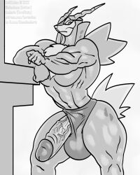 4:5 anthro balls balls_outline biceps big_balls big_penis borisalien clothing cobalion frown generation_5_pokemon genital_outline genitals half-erect hi_res horn huge_balls huge_cock legendary_pokemon looking_at_viewer male male_only monochrome muscular muscular_anthro muscular_male nintendo pecs penis pokemon pokemon_(species) pokemon_only solo speedo swimwear thick_thighs vein veiny_penis video_games