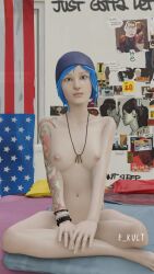 2022 3d blender blue_eyes blue_hair breasts casual chloe's_bedroom chloe_price clothing crossed_legs e_kult female hands_in_lap headwear human life_is_strange neckwear pale_skin ring sitting smile solo wristwear