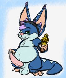 anthro balls bandana barefoot big_penis blue_body chua claws emenius feet genitals gun hi_res hindpaw kerchief long_ears long_tail looking_at_viewer luna_muenster_(fursona) lunamuenster male male_only mammal nude paws penis ranged_weapon rodent slightly_chubby solo striped_body stripes toe_claws weapon wildstar