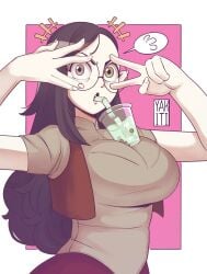 1girls big_breasts cup dark_hair disney disney_channel disney_xd female female_focus female_only glasses hands_in_front heterochromia lilith_clawthorne lipstick long_hair peace_sign round_glasses simple_background tagme the_owl_house tight_clothing yakiti