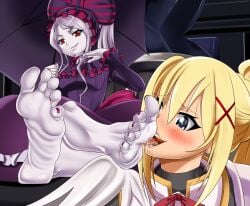 blonde_hair blue_eyes darkness_(konosuba) foot_fetish isekai_quartet kono_subarashii_sekai_ni_shukufuku_wo! lesbian licking_foot overlord_(maruyama) purple_hair red_eyes shalltear_bloodfallen shiny_skin submissive swordwoman tagme yuri