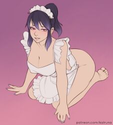 1girls apron bare_legs black_hair breasts cleavage eyeshadow female female_only femsub kalruna kneeling large_breasts legs looking_at_viewer maid makeup medium_hair multicolored_hair nail_polish naked_apron original pink_eyes ponytail purple_nails smile solo