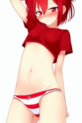 ai_generated almost_naked arched_back crop_top embarrassed hair_bun loose_clothes nai_diffusion posing shimapan small_shorts stable_diffusion striped_panties tylette_(narcissixtfear)