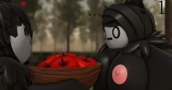 ... 3d ^_^ apples big_breasts black_fur bowl considering forest forest_background furry furry_only heart larger_female neck_tuft nonalterna o_o proposal roblox robloxian self_upload skull_face smaller_male tagme thinking woods