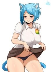 1girls artist_signature blue_hair catgirl erect_nipples humanized jmg large_breasts milf miniskirt nicole_watterson nicole_watterson_(human) panties skirt_lift solo_female the_amazing_world_of_gumball the_amazing_world_of_gumball_(human) thick_thighs