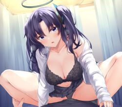 1boy black_bra black_panties black_skirt blue_archive blue_eyes blue_hair bra breasts cleavage cowgirl_position female highres irohara large_breasts long_hair open_clothes open_shirt panties shirt skirt squatting_cowgirl_position sweat thighs two_side_up underwear white_shirt yuuka_(blue_archive)