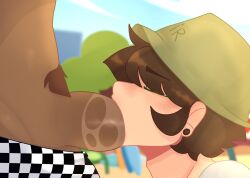 2boys beach big_penis blowjob brown_hair checkered_shirt edd_(eddsworld) eddsworld femboy hat nrccsspuk penis_out shorts testicles tom_(eddsworld)