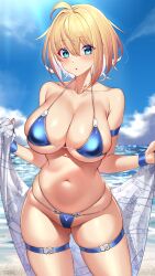 1girls 2022 ahoge arm_strap bangs bare_shoulders beach bikini blonde_hair blue_bikini blue_eyes blue_sky blush breasts cleavage cloud collarbone cowboy_shot day female female female_only halterneck highres horizon large_breasts looking_at_viewer micro_bikini navel ocean original outdoors parted_lips shiny shiny_skin short_hair sideboob skindentation sky solo solo_female sophia_f_shirring swimsuit takamine_nadare thigh_strap thighs underboob water