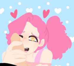 androgynous blowjob blowjob_face cartoony fede_(fnafhs) felix_(fnafhs) fhs fhsz3r0 fnafhs fnafhs_z3ro gay heart-shaped_pupils luckytoro pale_skin pink_hair uke yellow_eyes