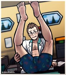 1boy ass brown_eyes brown_hair bulge clothed dr._utsugi elm_(pokemon) gay glasses hairy hairy_chest lab_coat labcoat lying_on_desk lying_on_table male male_only nervous offering pokemon shirt_only solo_male soupyeel stubble underwear utsugi_(pokemon)