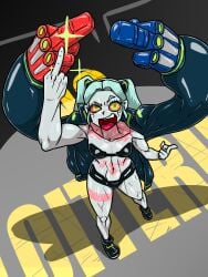 abs allesey athletic_female big_hands bra bracer cyberpunk:_edgerunners cyberpunk_2077 cyberware gray_skin green_eyes green_hair middle_finger muscular_female open_mouth overcoat panties panty rebecca_(edgerunners) robotic_arm running_shoes tattoos twintails