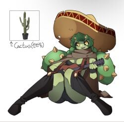 1girls big_breasts cactus cactus_girl cleavage female green_hair green_skin guitar humanized junkzero plant_girl reference_image sharp_teeth sombrero thick_thighs yellow_eyes