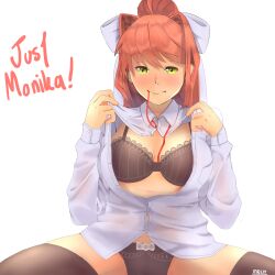 black_bra black_panties bow_panties bra doki_doki_literature_club english_text green_eyes lingerie matching_underwear mf_draws monika_(doki_doki_literature_club) panties shirt_unbuttoned text unbuttoned unbuttoned_shirt