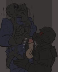 2boys action_lines artist_request big_penis blush_lines clothed_male_clothed_male gas_mask gay gloves handjob helmet hunk_(resident_evil) kneeling looking_at_partner looking_up male_only military military_uniform multiple_boys penis_out rainbow_six rainbow_six_siege resident_evil simple_background smoke_(rainbow_six) yaoi