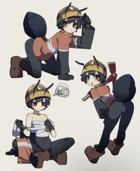 1girls abdomen ant ant_girl ant_girl_(junkzero) antennae big_breasts black_hair brown_eyes hard_hat junkzero pickaxe safety_vest wrappings