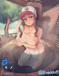 artist_name baseball_cap blindneko99 blue_eyes brown_hair creatures_(company) curly_hair game_freak hat high_ponytail highres hilda_(pokemon) kneeling long_hair naked_towel nintendo nipples onsen partially_submerged pokemon pokemon_(game) pokemon_bw see-through sidelocks signature smile steam thighs towel wet white_towel