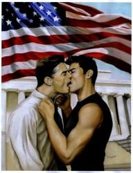 2boys age_difference american_flag clothed daddy dilf kissing male male_only men_kissing michael_breyette muscle muscles muscular older_male suit tagme white_house