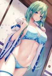 1girls big_breasts blue_eyes bra breasts green_hair japanese_clothes liya miko panties sanae_kochiya touhou underwear undressing