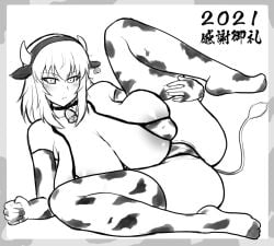 bikini cow_girl cow_print cube_(huidama) girls_und_panzer huge_breasts itsumi_erika monochrome solo