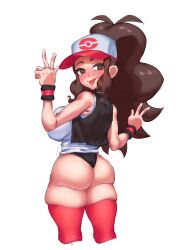 1girls alternate_breast_size ass breasts brown_hair color_sketch female game_freak hat hilda_(pokemon) hips large_ass large_breasts long_hair long_ponytail makinakid nintendo peace_sign pokemon pokemon_bw ponytail sketch skindentation slim_waist thick_thighs thigh_squish thighs wide_hips