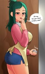 1girls apron big_breasts blush breasts clothed clothed_female dialogue english_text fully_clothed green_eyes green_hair implied_incest inko_midoriya light_skin long_hair loodncrood milf miniskirt mother my_hero_academia ponytail skirt solo speech_bubble standing text thick_thighs thighs