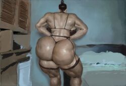 1girls ass ass_focus back_view bra breasts butt female female_only ganto18 hair_bun huge_ass leggings massive_ass muscular_female rear_view sideboob tagme thick_thighs vkorg