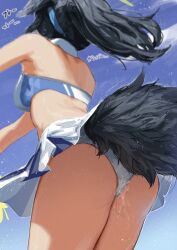 animal_ears ass black_hair blue_archive cheering cheerleader cum cum_wearing cumdrip dog_ears dog_tail female female_pubic_hair from_behind from_below fuu_torutanme hibiki_(blue_archive) hibiki_(cheerleader)_(blue_archive) highres miniskirt panties ponytail pubic_hair skirt solo tail tail_wagging underwear white_panties