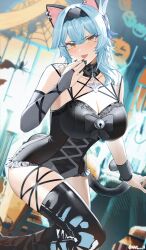 1girls absurd_res asymmetrical_hair black_clothing blue_hair breasts cat_ears cleavage eula_(genshin_impact) female genshin_impact hi_res hips huge_breasts light-skinned_female light_skin naughty_face nvl slim_waist smile solo_female tail tail_accessory thick_thighs thighs wide_hips yellow_eyes