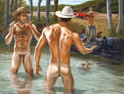 3boys beard chest_hair cowboy_hat daddy dicks_out dilf facial_hair group hairy hairy_chest hat lake male male_only michael_breyette muscle muscles muscular muscular_arms naked penis penis_out river tagme water