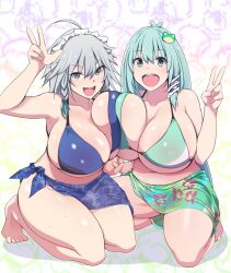 2girls alternate_breast_size asymmetrical_docking big_breasts bikini blush breasts female female_only green_hair large_breasts long_hair maid maid_headdress otoufu_(wddkq314band) peace_sign sakuya_izayoi sanae_kochiya short_hair silver_hair smile swimsuit tagme touhou yuri