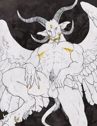 2021 abs anthro balls baphomet_(disambiguation) biceps bovid caprine caprine_demon claws demon erection foreskin genital_piercing genitals goat goat_demon grin hooves horn humanoid_genitalia looking_at_viewer male male_only mammal monochrome muscular muscular_anthro muscular_male navel nipple_piercing nipples nude pecs penis piercing pubes simple_background smile solo spartadog standing teeth tusks vein veiny_penis wings