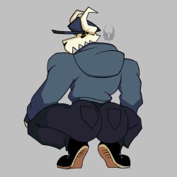 1boy 2021 ass ass_focus big_ass big_butt bottomwear broly_culo butt butt_focus chaohenabbot clothed clothing crouching footwear friday_night_funkin fully_clothed grey_background hat headgear headwear highres hoodie horn horned_humanoid humanoid male male_only meme pants parody shoes signature simple_background solo spread_legs spreading tabi_(homskiy) topwear