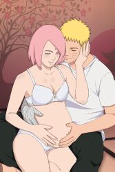 1boy 1girls bandage bandaged_arm blonde_hair blush bob_cut boruto:_naruto_next_generations bra cleavage closed_eyes clothed clothing couple facial_markings female forehead_jewel forehead_mark fully_clothed grabbing_stomach hug hugging_from_behind hugging_stomach jack_.mery light-skinned_female light-skinned_male light_skin lingerie male male/female mature mature_female mature_male medium_breasts medium_hair milf naruto naruto_(series) naruto_shippuden pale-skinned_female pale_skin panties partially_clothed pink_hair pregnancy pregnant pregnant_belly pregnant_female revealing_clothes romantic romantic_ambiance romantic_couple sakura_haruno semi_clothed shoulder_length_hair shounen_jump sitting sitting_on_lap sitting_on_person smile smiling spiky_hair straight underwear uzumaki_naruto whisker_markings whiskers white_bra white_lingerie white_panties wholesome wholesome_nudity wholesome_pregnancy yellow_hair