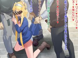 3boys 3d alice_schuberg bangs bar_censor black_pants blonde_hair blue_dress breasts brown_footwear censored clothes_lift dress dress_lift female grey_hairband grey_shirt hairband kneeling long_hair long_sleeves looking_at_viewer medium_breasts multiple_boys open_pants outdoors panties pants penis penis_on_face penis_outside shirt smile straight sword_art_online sword_art_online:_alicization tongue tongue_out translation_request underwear vogel_schwein white_panties