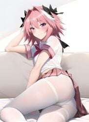 1boy ai_generated ass astolfo_(fate) blush butt canon_crossdressing crossdressing eye_contact fate/grand_order fate_(series) femboy feminine_male fully_clothed girly hair_ribbon light_skin looking_at_viewer male male_only nai_diffusion pantyhose pink_hair purple_eyes skirt smile solo stable_diffusion