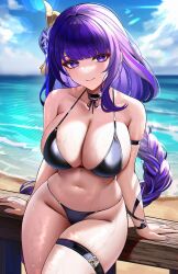 1girls bangs bikini black_bikini braid braided_ponytail breasts choker cleavage closed_mouth collarbone eternity_(shadeh) female female_only genshin_impact hair_ornament highres large_breasts long_hair looking_at_viewer mole mole_under_eye nail_polish navel ocean purple_eyes purple_hair purple_nails raiden_shogun smile solo swimsuit thighs water wet wet_skin