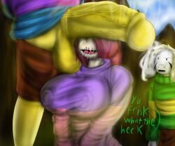 1girls 2boys asriel asriel_dreemurr bete_noire big_breasts big_penis clothed frisk gigantic_penis gigantic_testicles glitchtale goat gradient_hair huge_breasts huge_cock humanoid_penis humiliation imminent_oral karmatic karmatic_(artist) massive_breasts pink_eyes pink_hair straight undertale undertale_(series) undertale_au undertale_fanfiction yellow_body yellow_skin